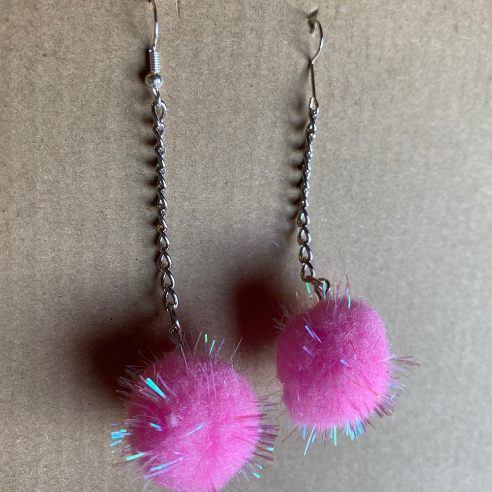 Pink Pom Pom chain earrings dangle